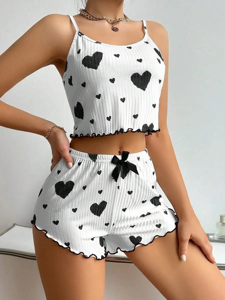 Kadın Pijama Takımı Kalp Baskı Yumuşak Nervürlü Kumaş