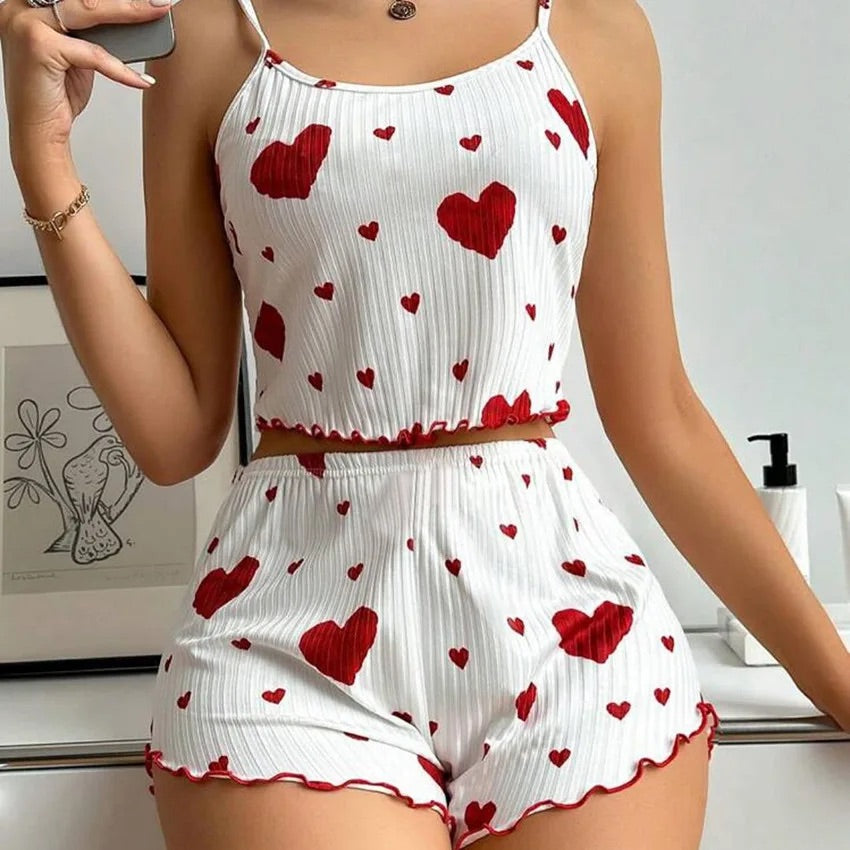 Kadın Pijama Takımı Kalp Baskı Yumuşak Nervürlü Kumaş