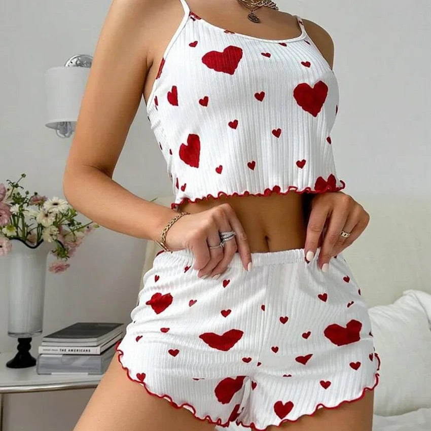 Kadın Pijama Takımı Kalp Baskı Yumuşak Nervürlü Kumaş