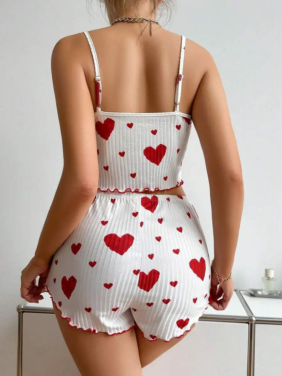 Kadın Pijama Takımı Kalp Baskı Yumuşak Nervürlü Kumaş