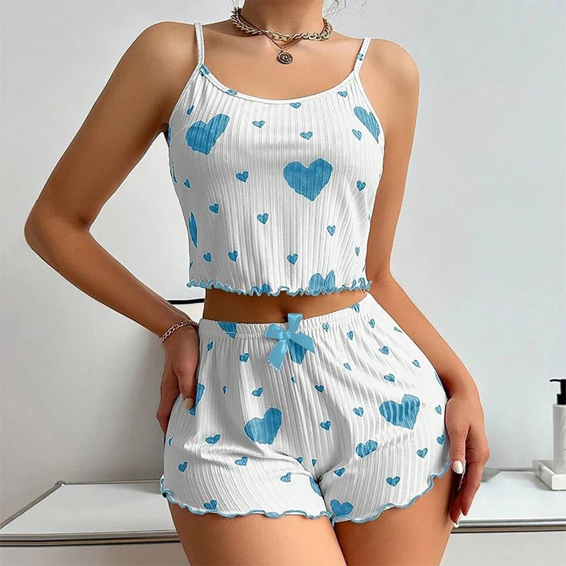 Kadın Pijama Takımı Kalp Baskı Yumuşak Nervürlü Kumaş