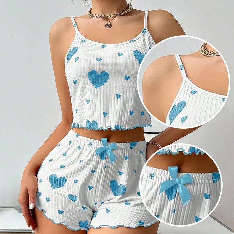 Kadın Pijama Takımı Kalp Baskı Yumuşak Nervürlü Kumaş
