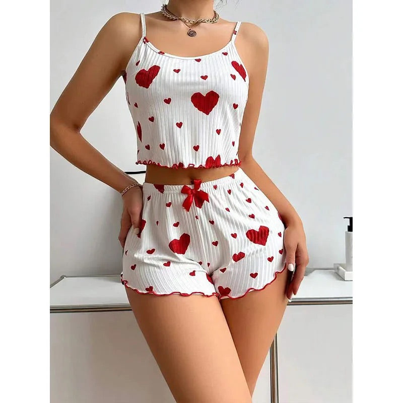 Kadın Pijama Takımı Kalp Baskı Yumuşak Nervürlü Kumaş