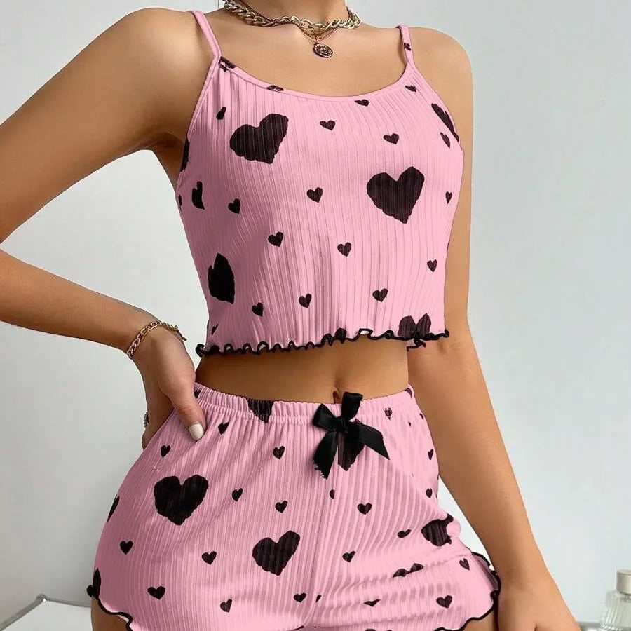 Kadın Pijama Takımı Kalp Baskı Yumuşak Nervürlü Kumaş